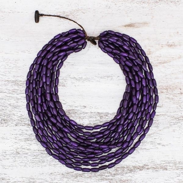 Alternate image for Wood Beaded Strand Necklace in Blue-Violet from Thailand Cute Boho in Blue-Violet