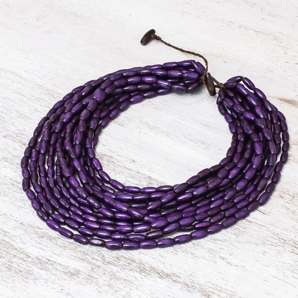 Alternate image for Wood Beaded Strand Necklace in Blue-Violet from Thailand Cute Boho in Blue-Violet