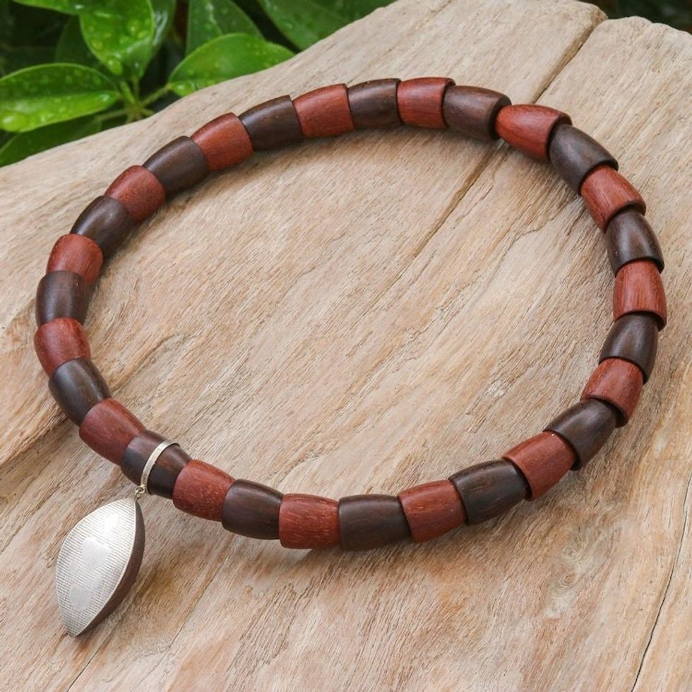 Sterling Silver and Wood Beaded Pendant Necklace 'Fascinating Leaf'