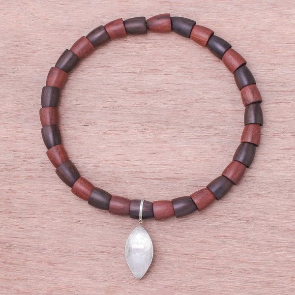 Alternate image for Sterling Silver and Wood Beaded Pendant Necklace Fascinating Leaf