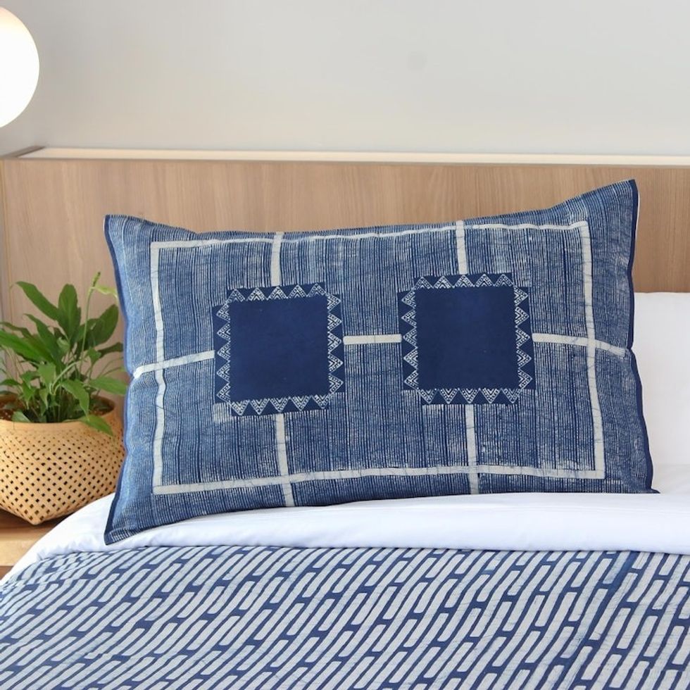 Batik Cotton Sham in Indigo from Thailand 'Energetic Stripes'