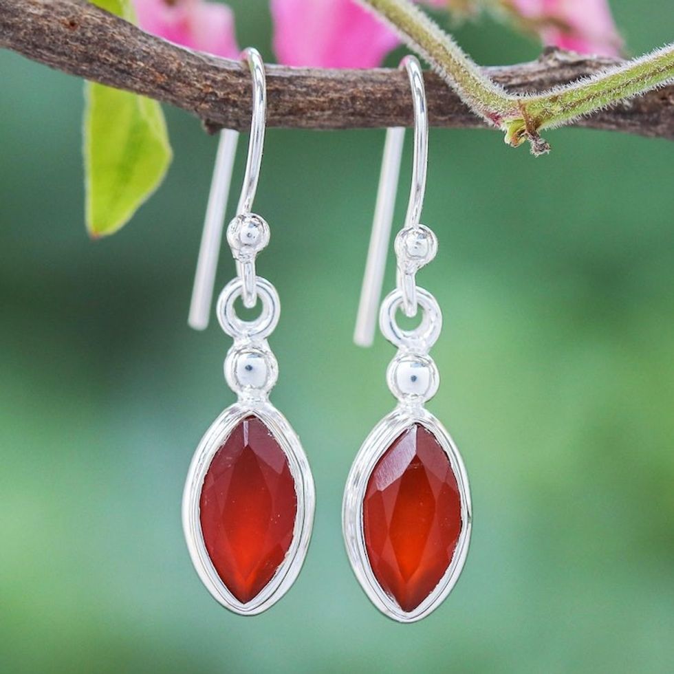 Thai Carnelian and Sterling Silver Dangle Earrings 'Spark Joy in Orange'