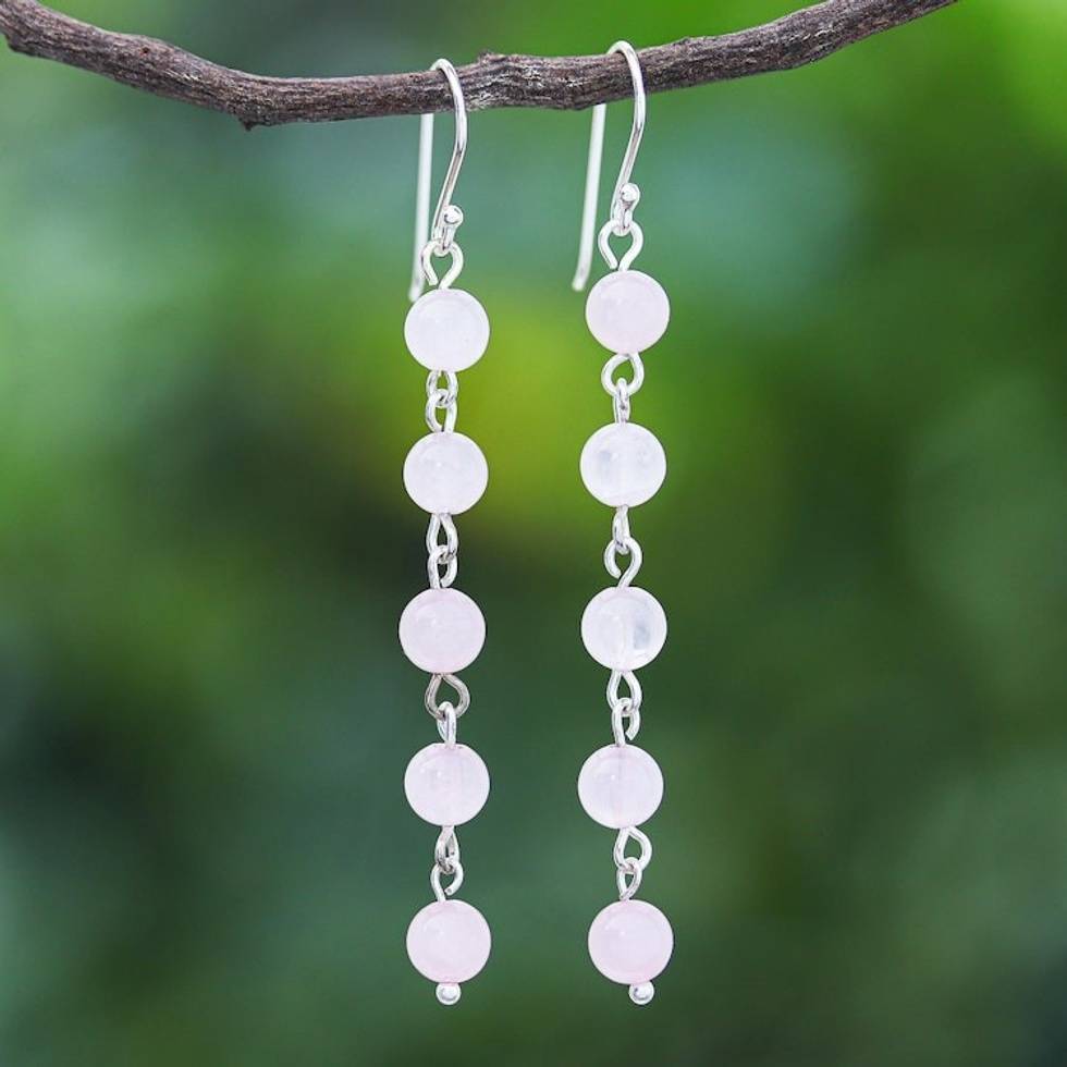 Rose Quartz and Sterling Silver Dangle Earrings 'Exploding Star in Pink'