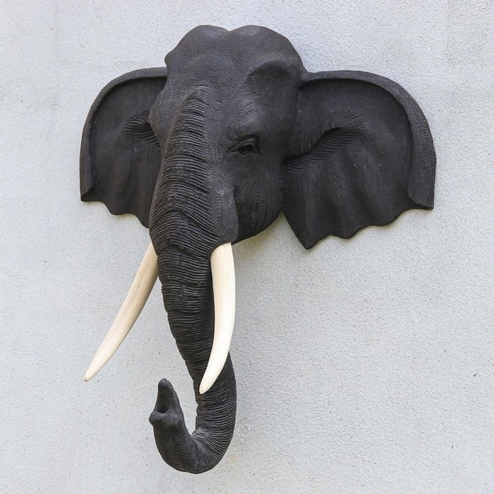 Black Teak Wood Elephant Sculpture 'Knowing in Black'