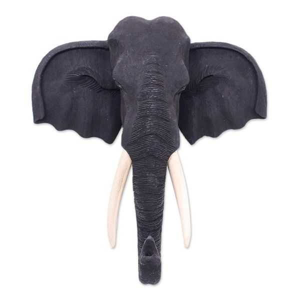 Alternate image for Black Teak Wood Elephant Sculpture Knowing in Black