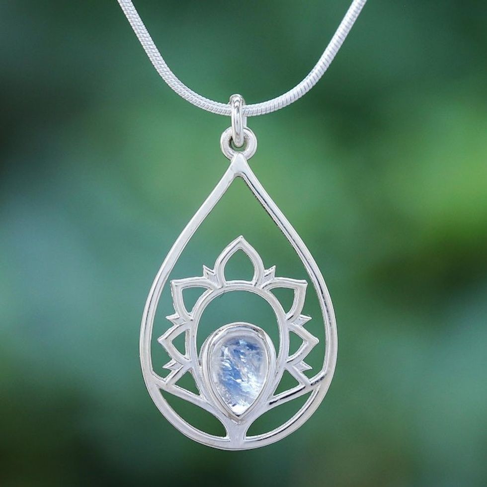 Rainbow Moonstone and Sterling Silver Pendant Necklace 'Sense of Calm in Blue Flash'