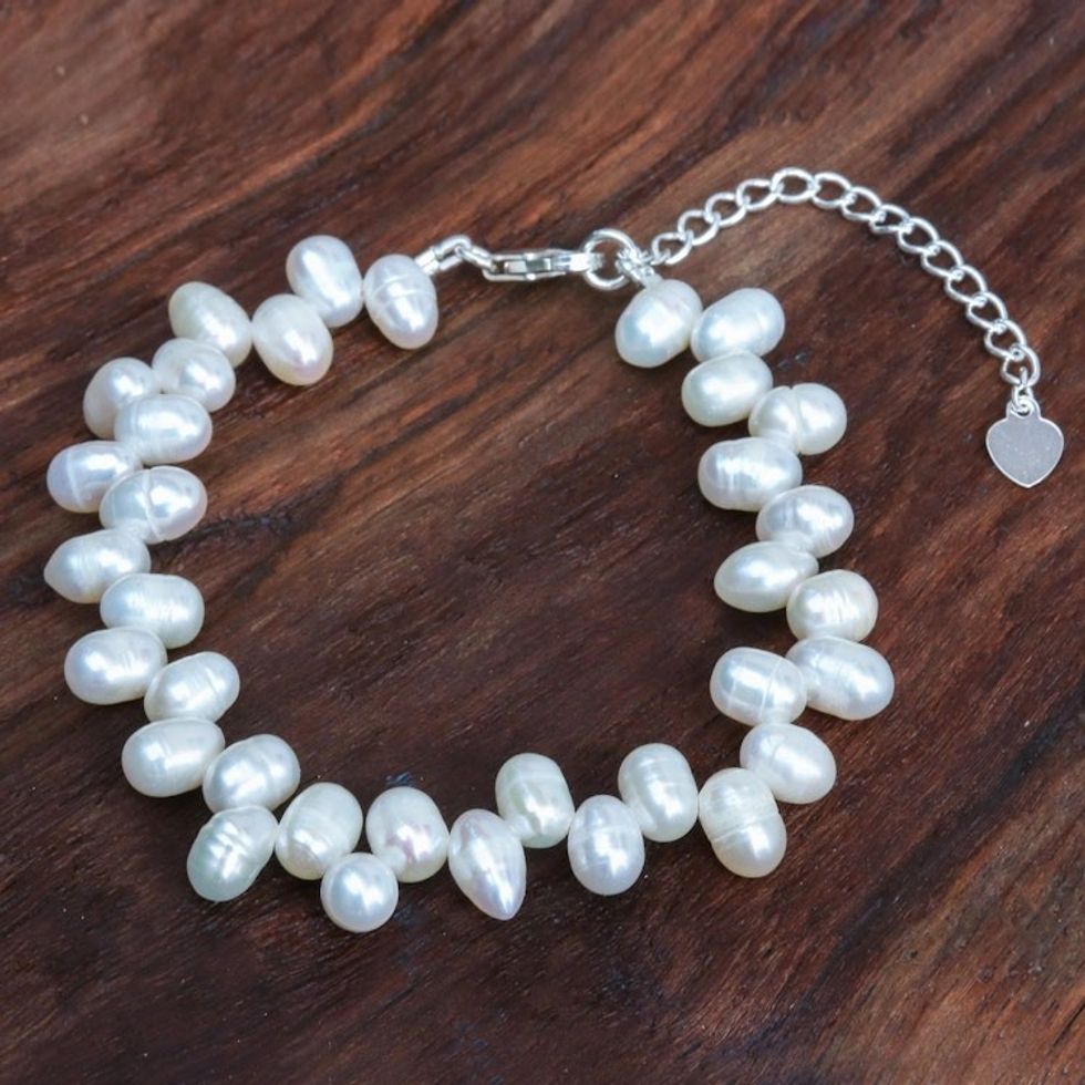 Hand Made Sterling Silver and Cultured Pearl Bracelet 'Sea Breath in White''