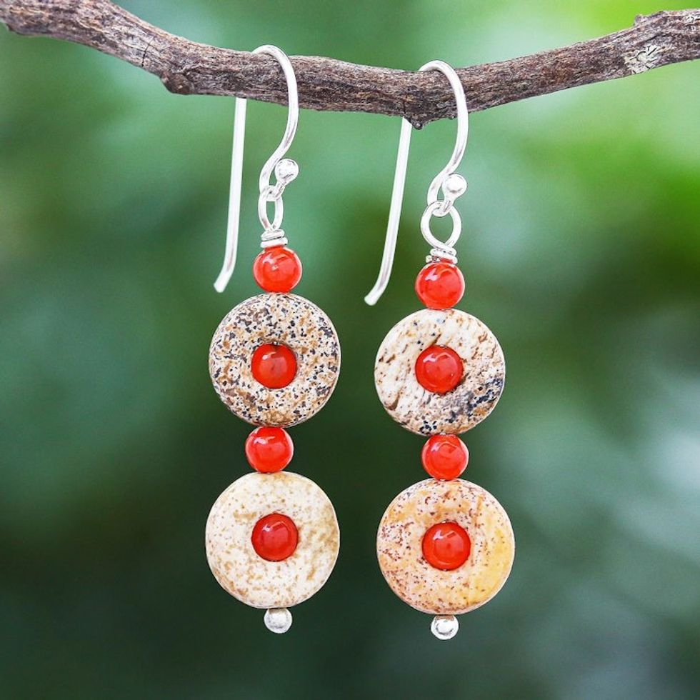 Handmade Jasper and Carnelian Dangle Earrings 'Evening Sun'