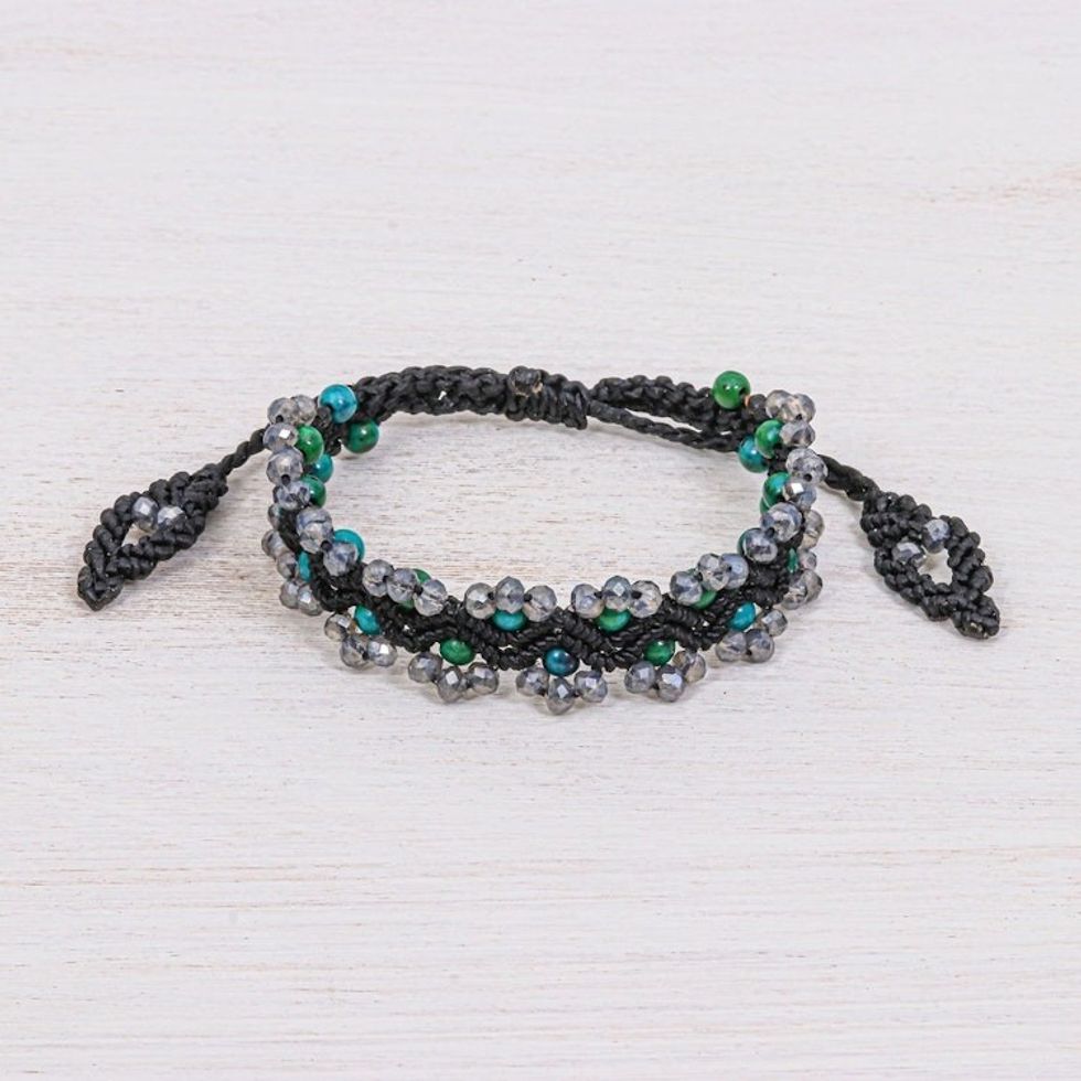 Serpentine Beaded Cord Bracelet with Sliding Knot 'Shiny Forest in Black'