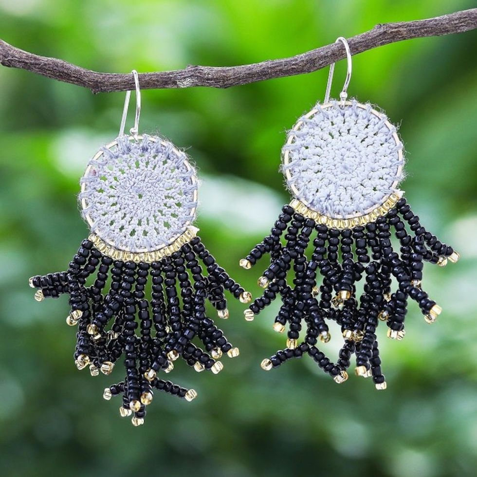 Crocheted Dreamcatcher Earrings with Black Glass Beads 'Dreaming Tree in Black'