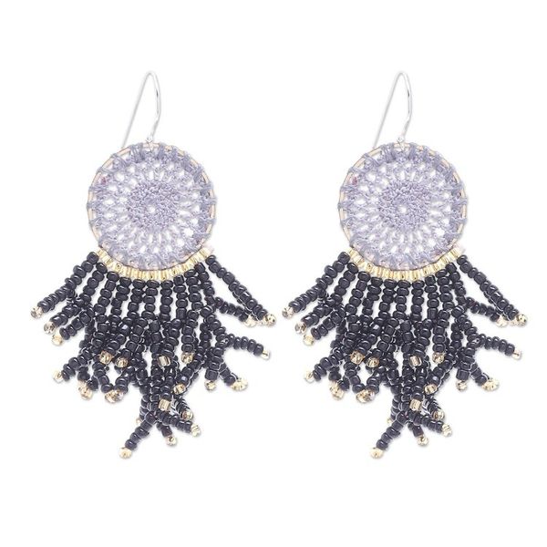 Alternate image for Crocheted Dreamcatcher Earrings with Black Glass Beads Dreaming Tree in Black