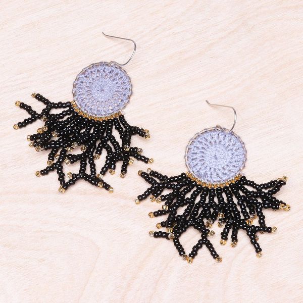 Alternate image for Crocheted Dreamcatcher Earrings with Black Glass Beads Dreaming Tree in Black