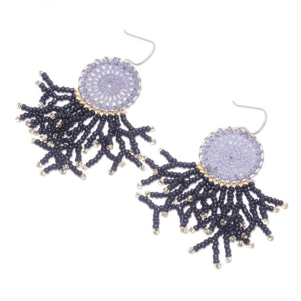 Alternate image for Crocheted Dreamcatcher Earrings with Black Glass Beads Dreaming Tree in Black