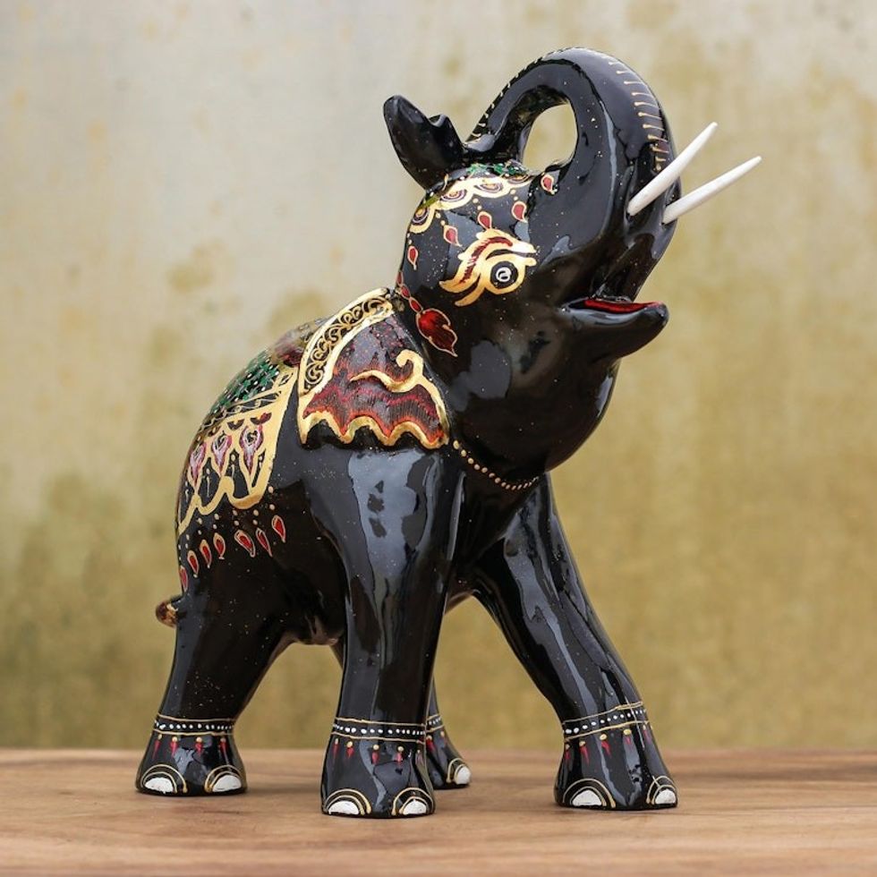 Gold-Accented Lacquerware Elephant Sculpture 'Royal Trumpeter'