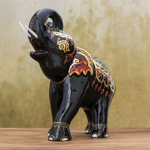 Alternate image for Gold-Accented Lacquerware Elephant Sculpture Royal Trumpeter