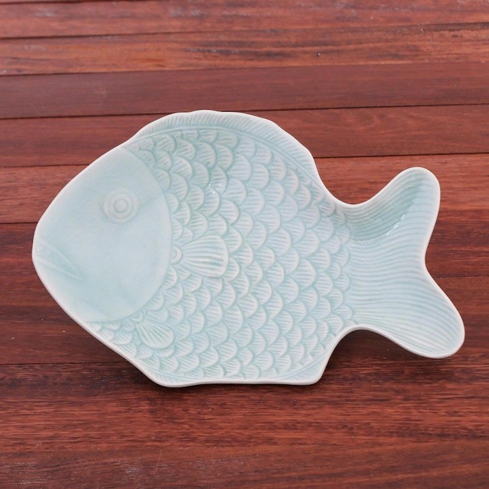 Aqua Celadon Ceramic Fish Serving Plate 'Mae Ping Fish in Aqua'