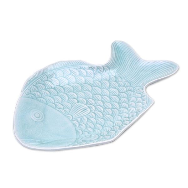 Alternate image for Aqua Celadon Ceramic Fish Serving Plate Mae Ping Fish in Aqua