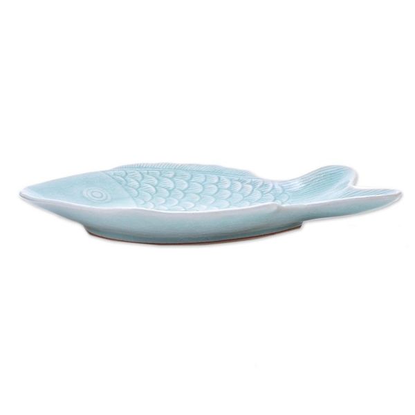 Alternate image for Aqua Celadon Ceramic Fish Serving Plate Mae Ping Fish in Aqua