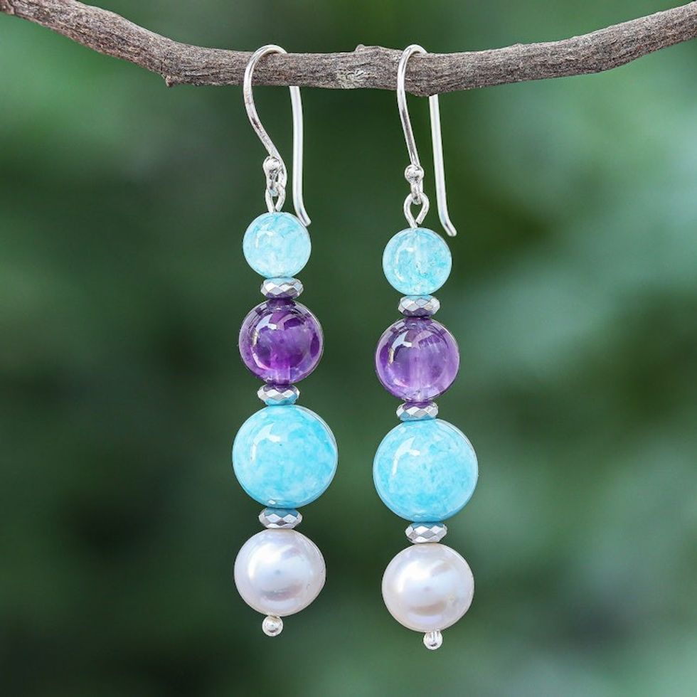 Cultured Freshwater Pearl and Quartz Dangle Earrings 'Electric Jolt'