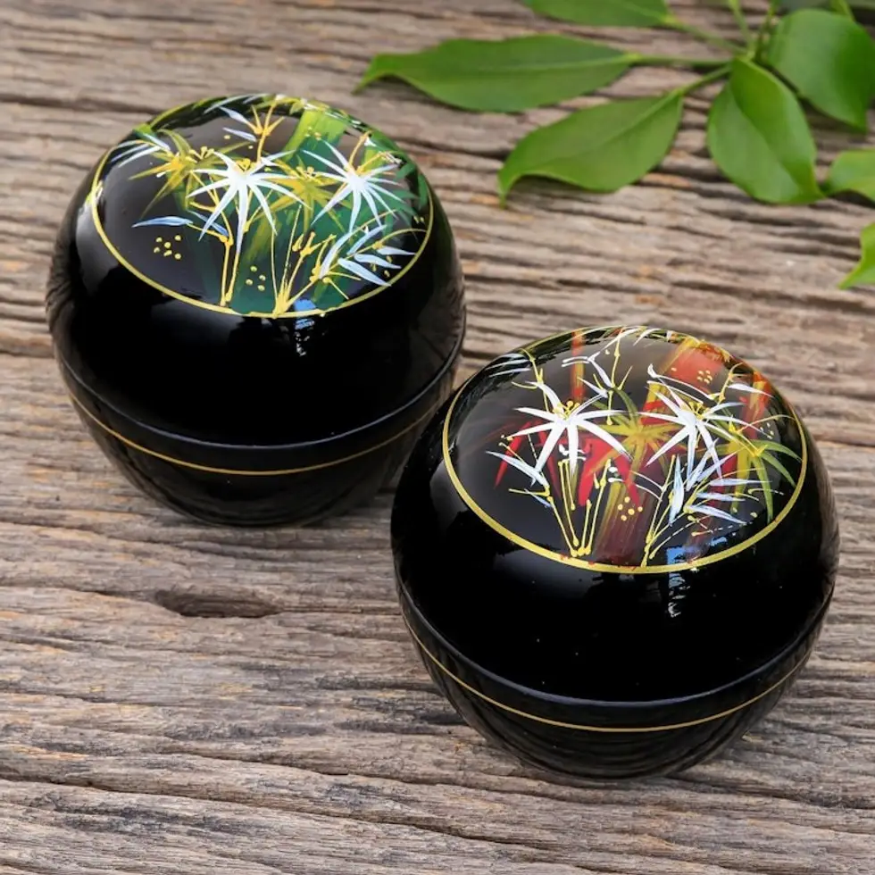 Round Lacquerware Wood Boxes Pair 'Bamboo Flair'