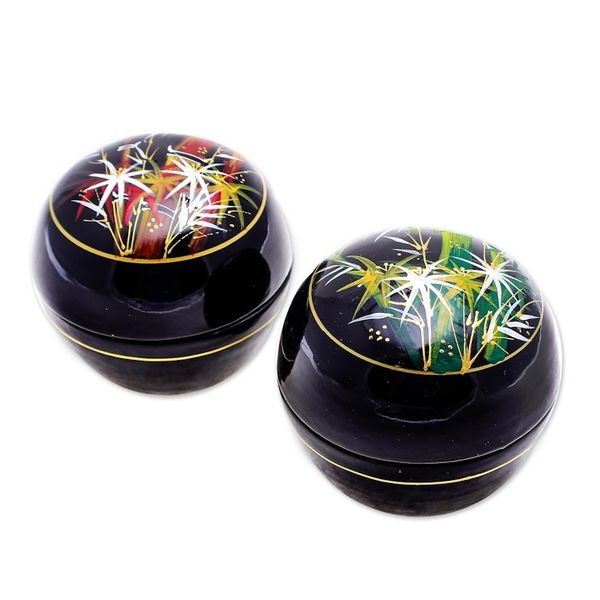 Alternate image for Round Lacquerware Wood Boxes Pair Bamboo Flair