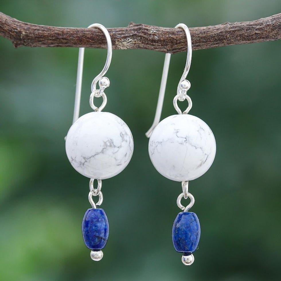 Hand Crafted Howlite and Lapis Lazuli Dangle Earrings 'Winter Traveler'