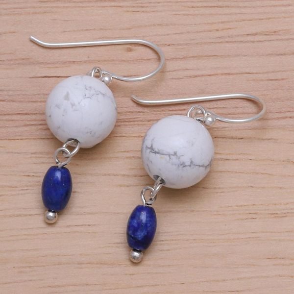 Alternate image for Hand Crafted Howlite and Lapis Lazuli Dangle Earrings Winter Traveler