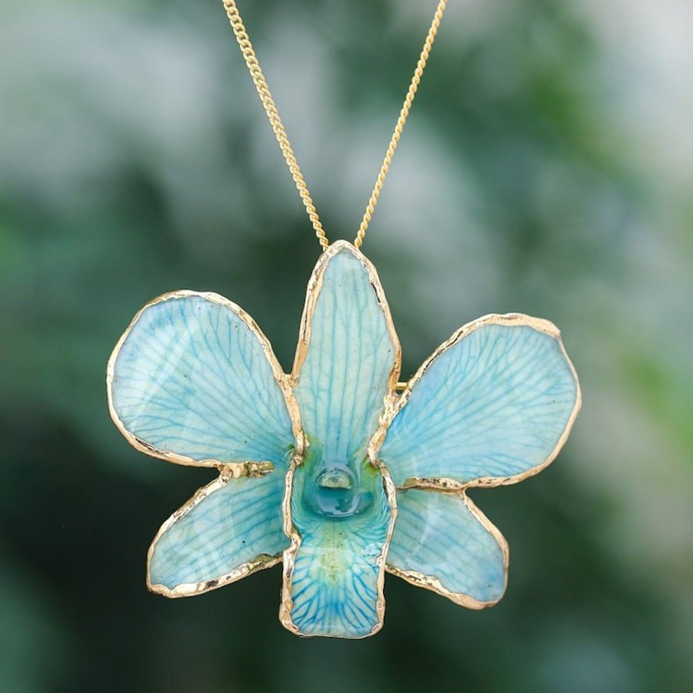 Gold-Plated Blue Orchid Petal Pendant Necklace and Brooch 'Orchid Magic in Light Blue'