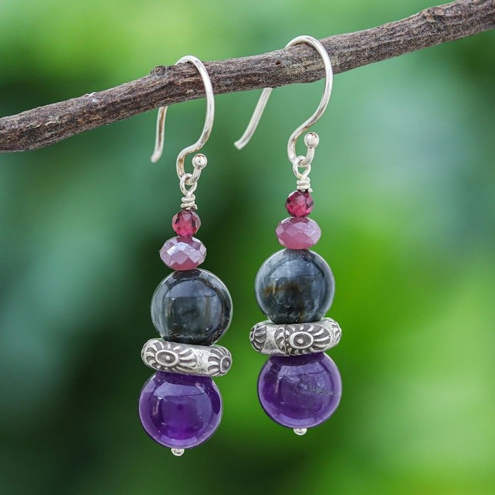 Thai Amethyst and Quartz Dangle Earrings 'The Queen's Star'