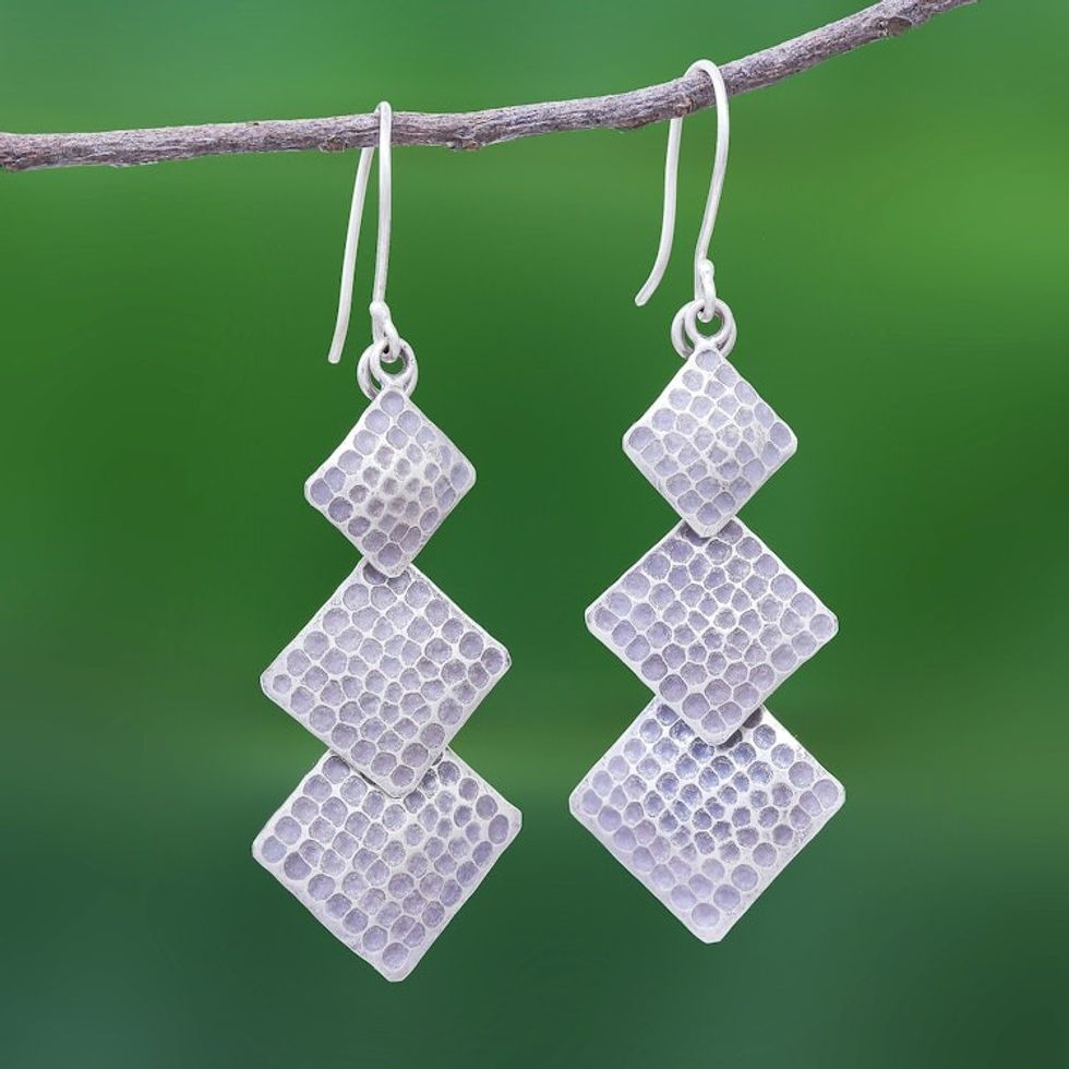 Oxidized Hand Tooled Sterling Silver Square Dangle Earrings 'Spark of Life in Grey'