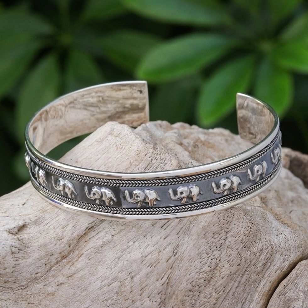 Sterling Silver Elephant-Themed Cuff Bracelet 'On Parade in Small'