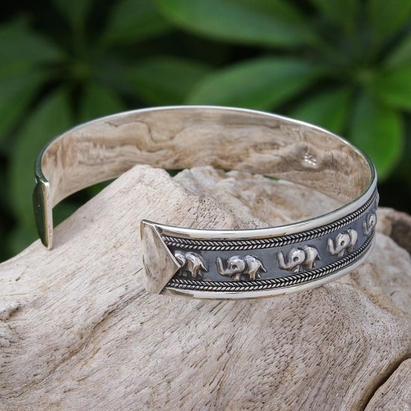 Alternate image for Sterling Silver Elephant-Themed Cuff Bracelet On Parade in Small