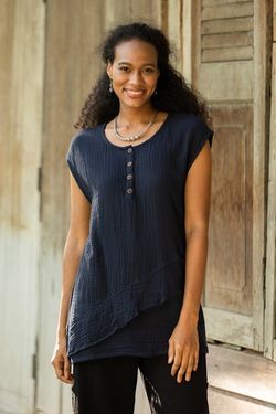 Image for Double Cotton Gauze Sleeveless Blouse Fresh Air in Navy