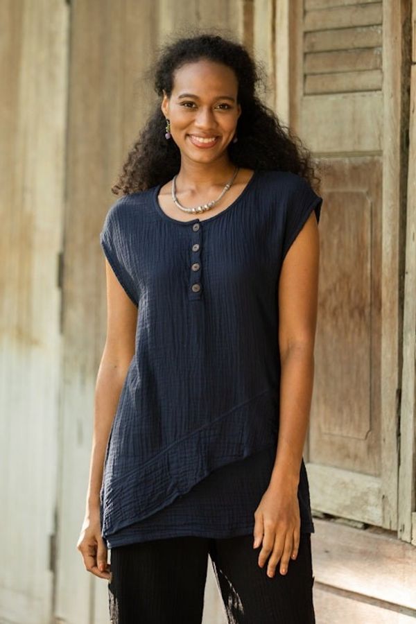 Alternate image for Double Cotton Gauze Sleeveless Blouse Fresh Air in Navy