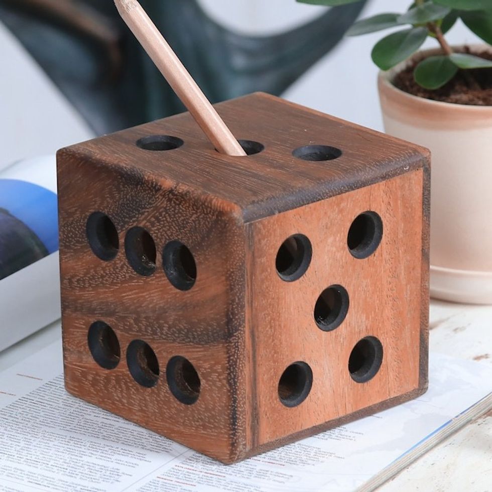 Hand Carved Raintree Wood Pen Holder from Thailand 'Creative Die'