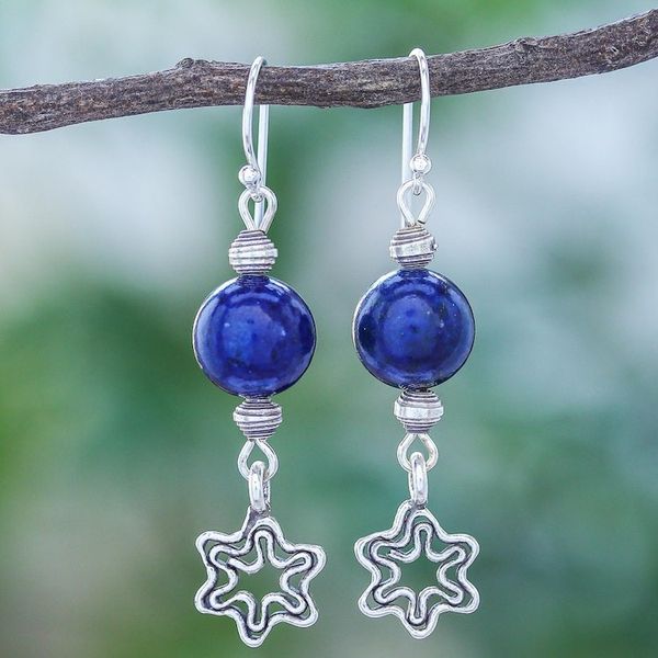 Alternate image for Lapis Lazuli Dangle Earrings with Star Motif Center Stage in Blue
