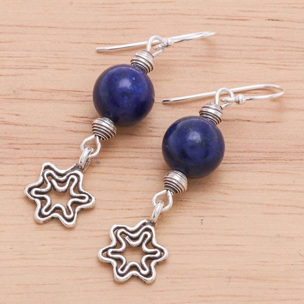 Alternate image for Lapis Lazuli Dangle Earrings with Star Motif Center Stage in Blue