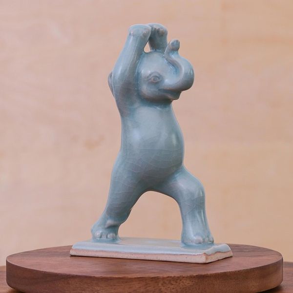 Alternate image for Hand Made Celadon Ceramic Elephant Yoga-Themed Figurine Elephant Warrior Pose