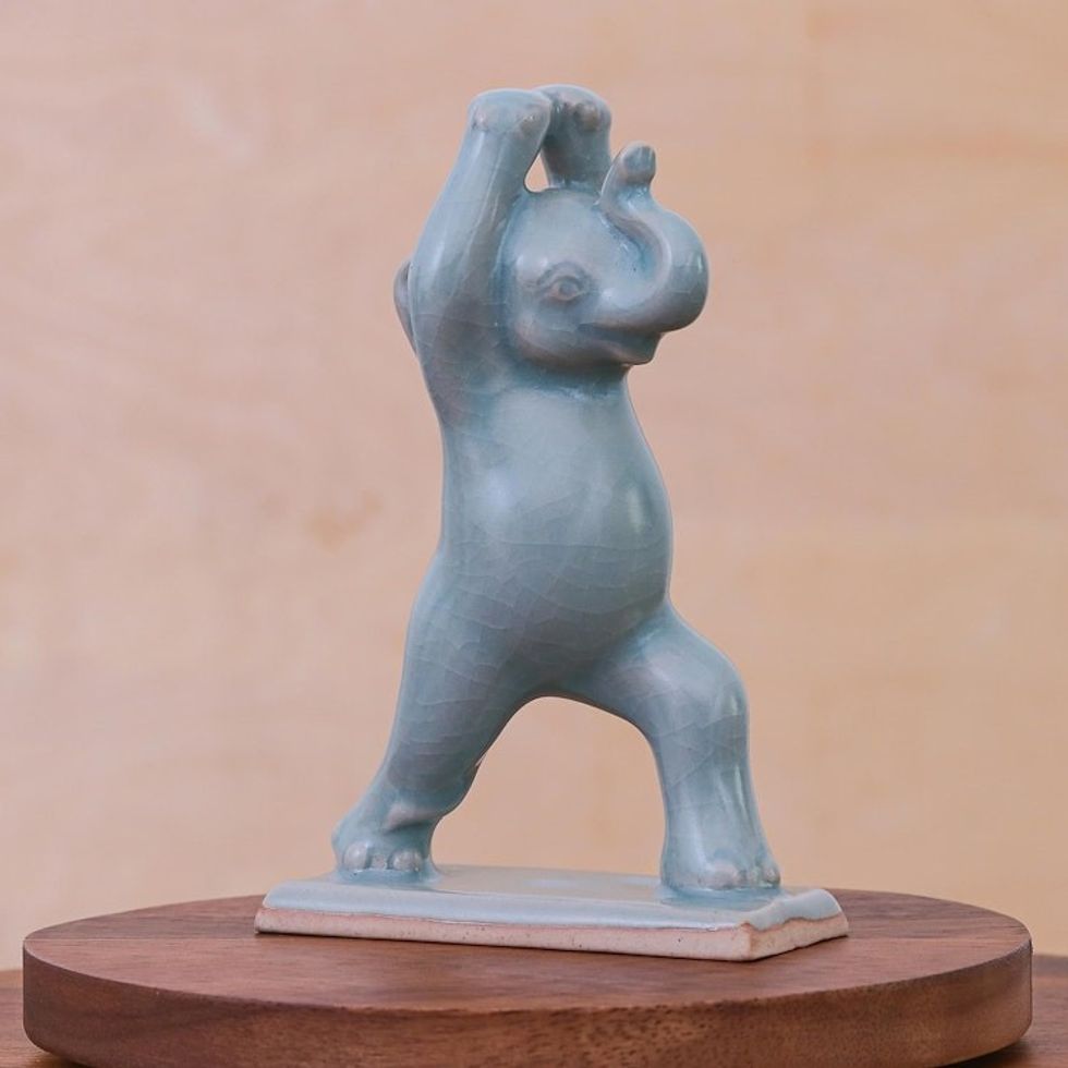 Hand Made Celadon Ceramic Elephant Yoga-Themed Figurine 'Elephant Warrior Pose'