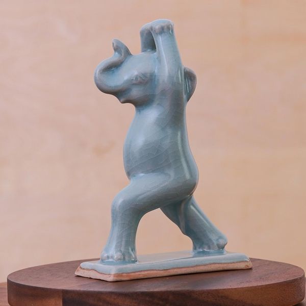 Alternate image for Hand Made Celadon Ceramic Elephant Yoga-Themed Figurine Elephant Warrior Pose