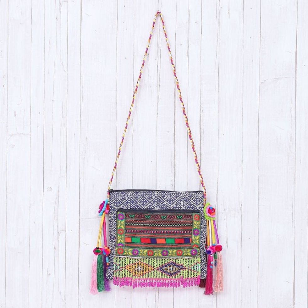 Hmong Cotton Shoulder Bag with Zippered Patch Pocket 'Party Hmong'