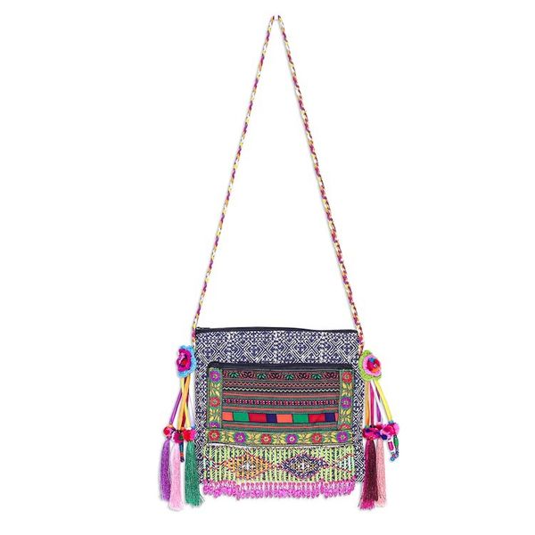 Alternate image for Hmong Cotton Shoulder Bag with Zippered Patch Pocket Party Hmong