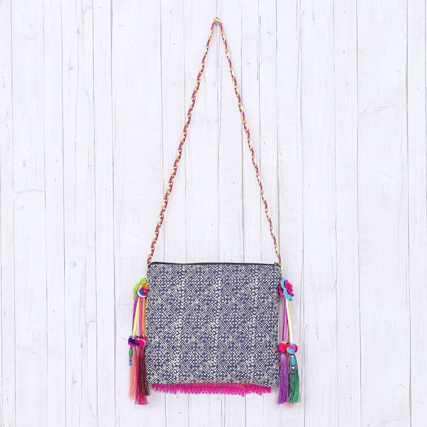 Alternate image for Hmong Cotton Shoulder Bag with Zippered Patch Pocket Party Hmong
