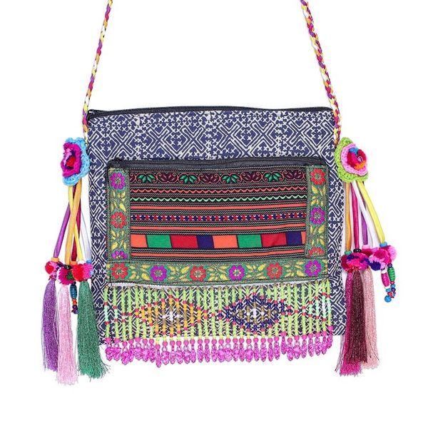 Alternate image for Hmong Cotton Shoulder Bag with Zippered Patch Pocket Party Hmong