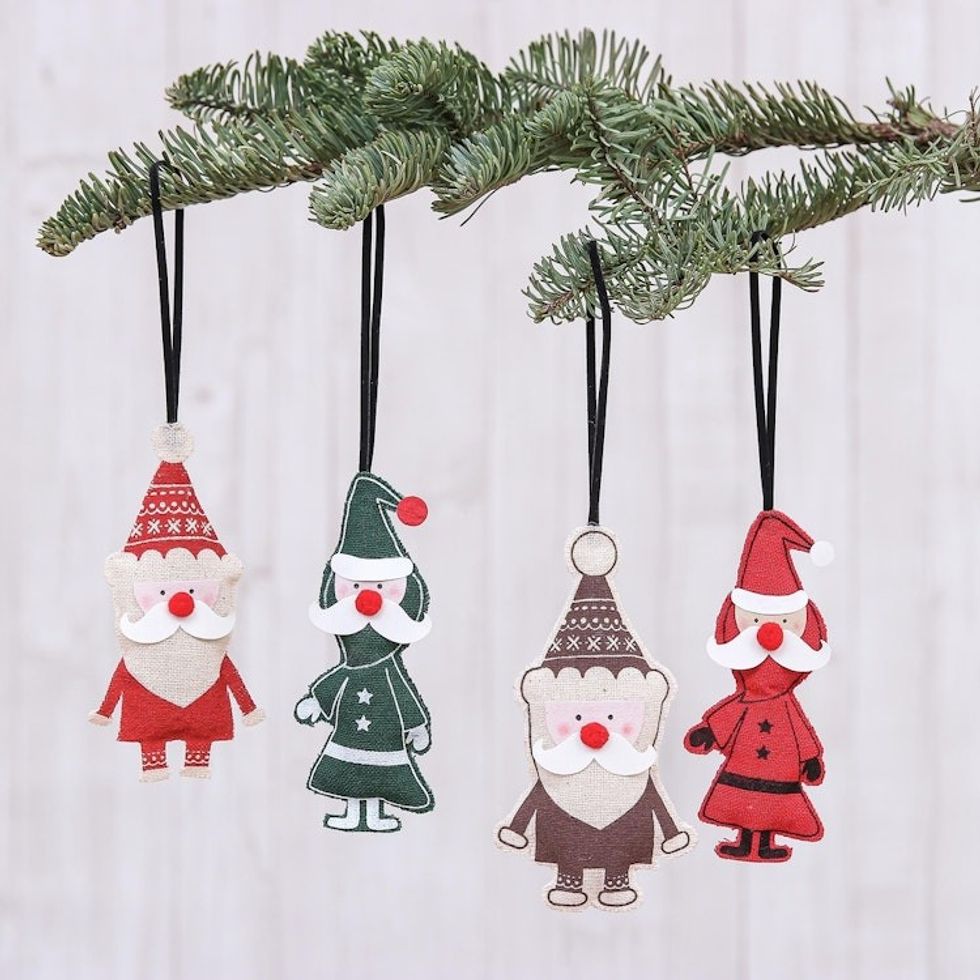 Cotton and Paper Santa Ornaments Set of 4 'Santa Claus is Coming'