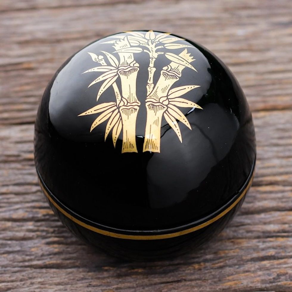 Round Lacquerware Box from Thailand 'Shimmering Bamboo'