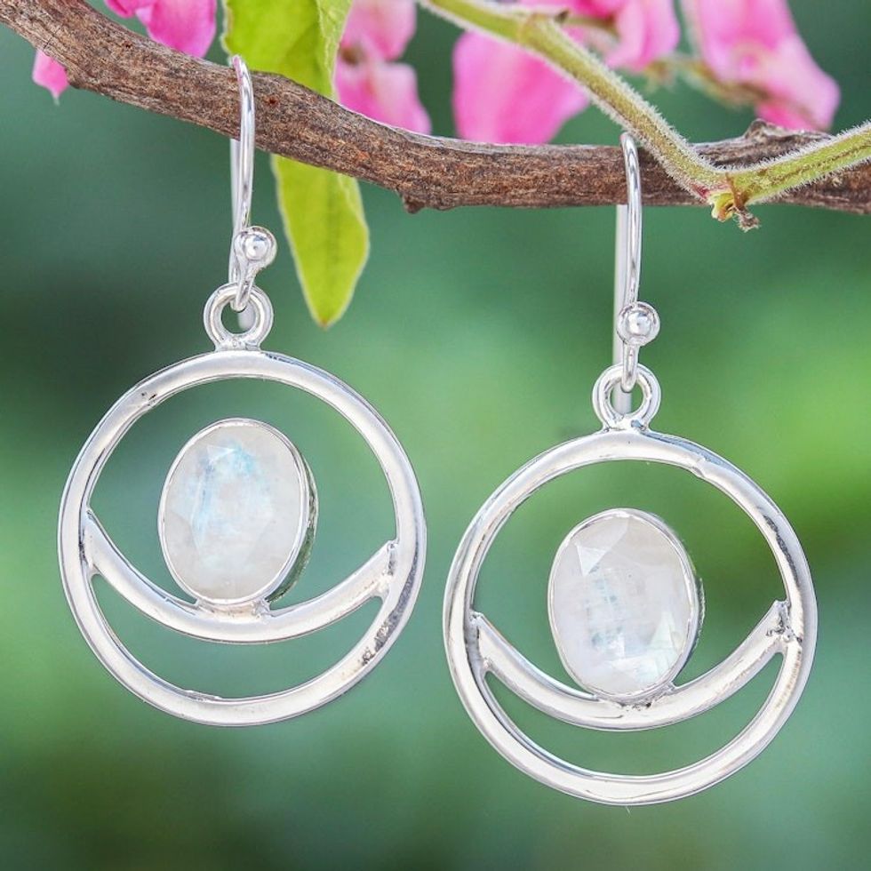 Artisan Crafted Rainbow Moonstone Dangle Earrings 'Grinning Moon in Blue Flash'