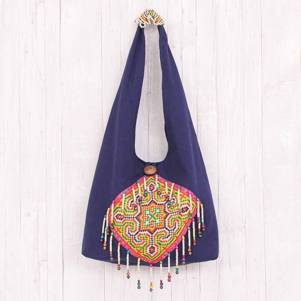 Hmong-Style Cross Stitch Cotton Shoulder Bag 'Summer Vacation'