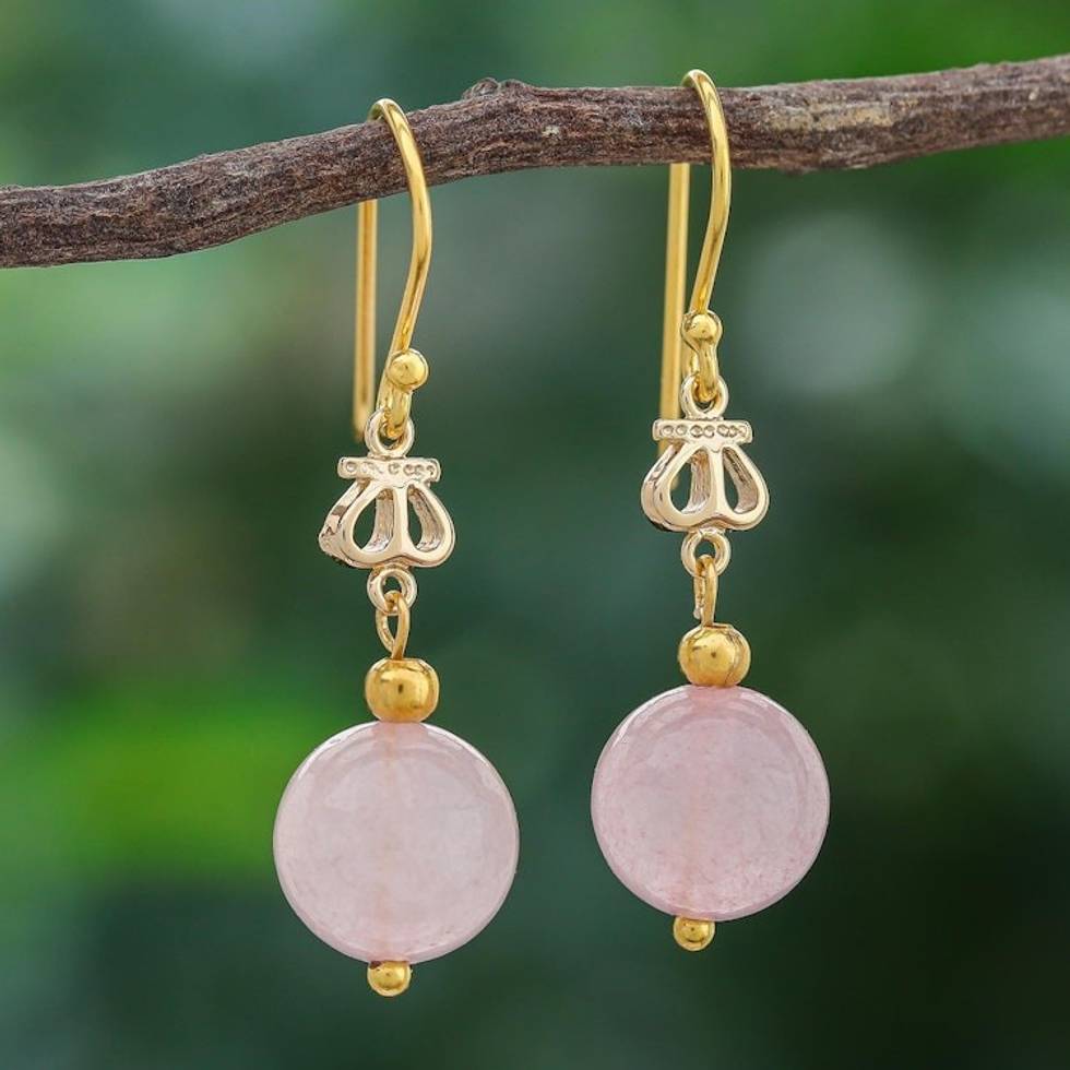 Gold-Plated Sterling Silver and Rose Quartz Dangle Earrings 'Sweet Throne'