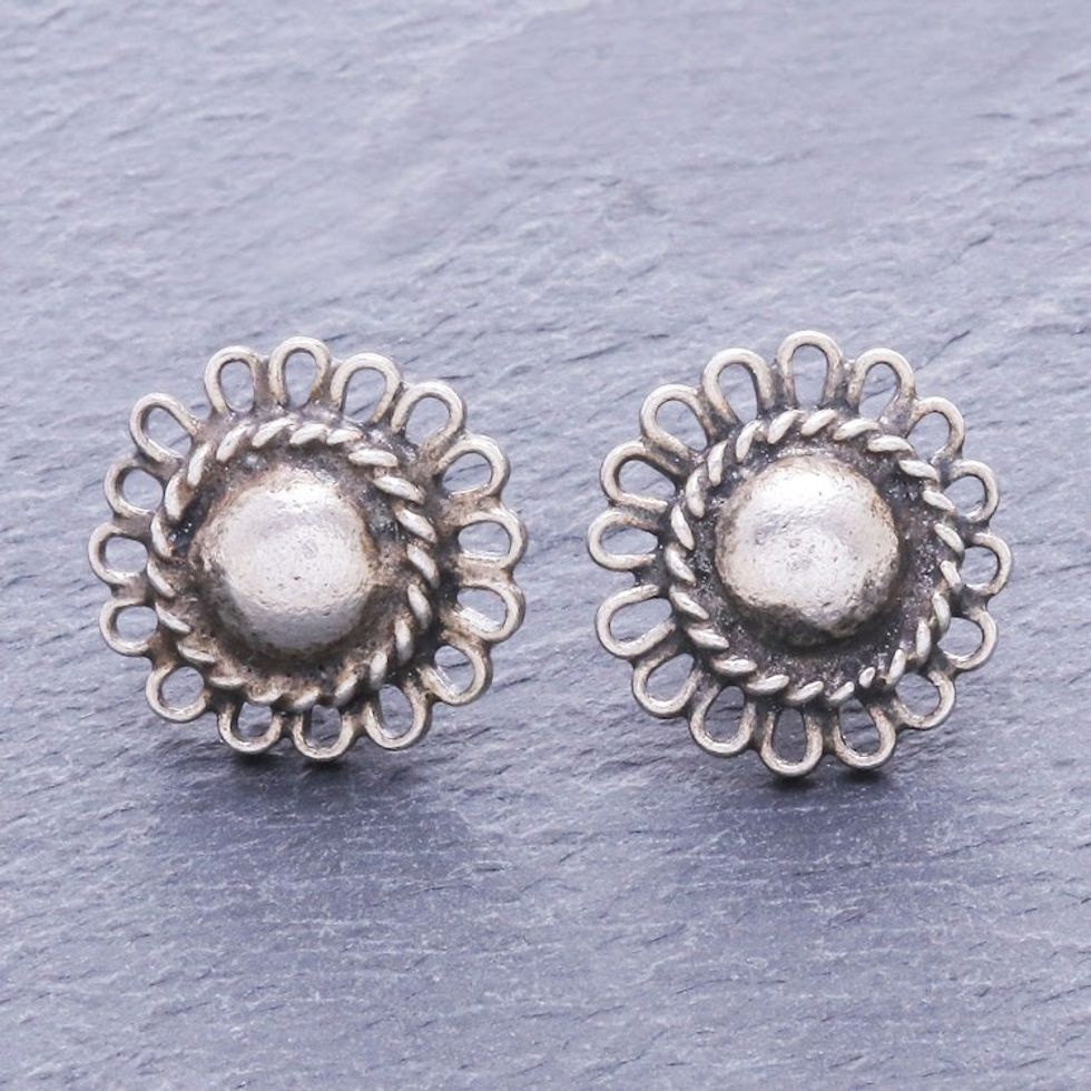 Hand Made Karen Silver Sunflower Button Earrings 'Sunflower Loops'